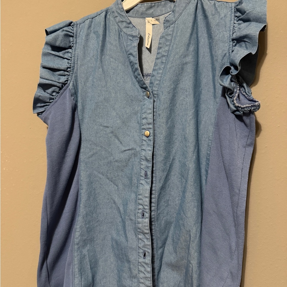 Collection B Light Blue Chambray Button-Down Top with Ruffle Sleeves